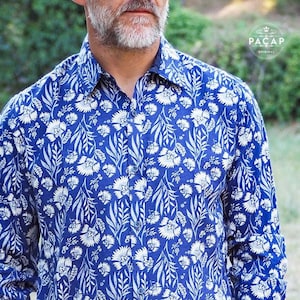 Men&#39;s Blue Floral Casual Shirt Flowy Fabric - TRIGA
