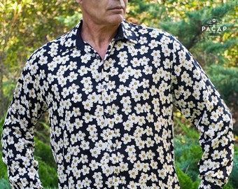 Black Slim Fit Daisy Flower Print Shirt - HARRY - Men&#39;s Smart Long Sleeve Slim Fit Floral Shirt