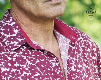 Chemise de Soirée Élégante Rouge Bordeaux Motif Fleurs - DAMSEY - Chemise Imprimée en Viscose Manches Longues Boutons Colorés pour Homme