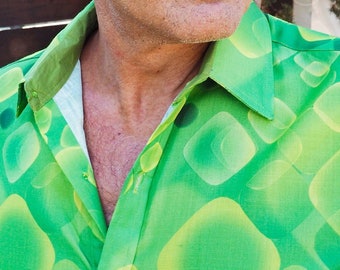 Men's shirt in Poplin Printed Cyber Punk Fantasy Apple Green High Definition Numerical Squares Futuristic Style - GRENDA