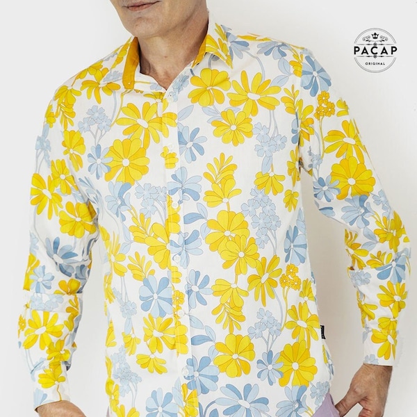 Chemise Homme Vacances Tahiti Hawai Fleurs Jaune et Bleue - PARADISE - Chemise Hawaienne Blanche en Popeline Manches Longues Taille ajustée