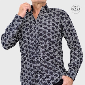 Camisa negra con lunares blancos, estilo japonés Seigaiha - HIROI - Camisa formal para hombre, corte cómodo, manga larga, algodón