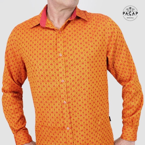 Chemise Jacquard Orange Homme Motif Alveole Rouge Tissée - TRICOT - Chemise Ethnique Indienne marque Française Manches Longues Tissu Doux