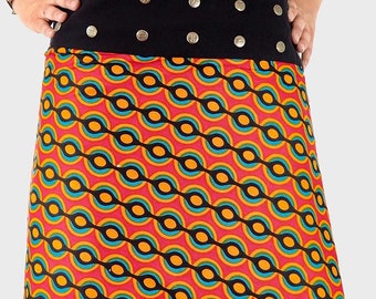 Oranger Wenderock mit geradem Schnitt und A-Linie, Baumwolle, afrikanischer Ethno-Print – S43 – Boho-Wickelrock für Frauen, verstellbare Taille, geknöpft