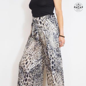 Pantalones cruzados con estampado de leopardo, estilo tailandés, balinés, indonesio, para yoga, talla única, ajustable de 34 a 46