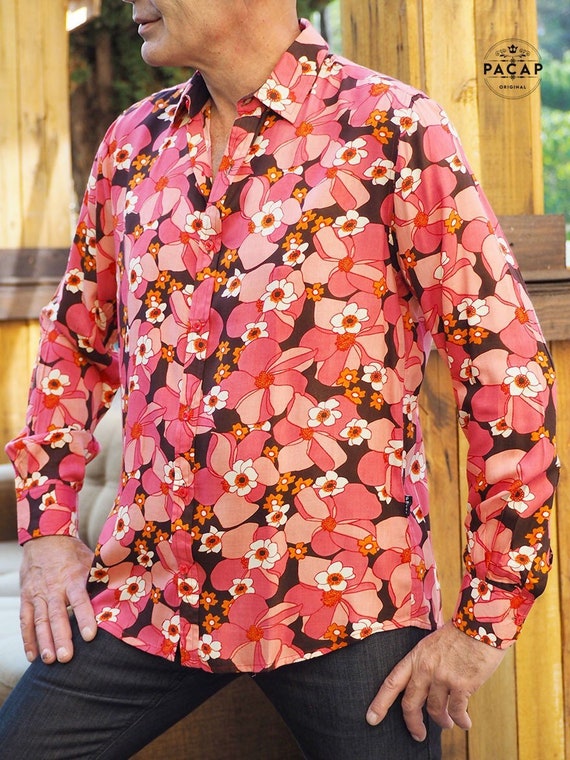 Camisa Negra con Flores Rojas para Hombre Cuello Italiano JUSEPE Camisa Viscosa Estampada Manga Larga Botones de Colores Marca Francesa