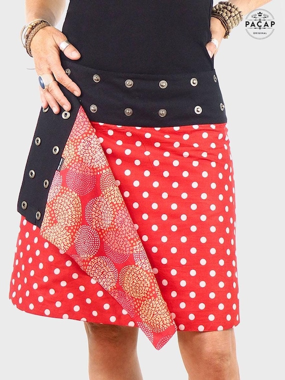 Jupe Rouge Taille Haute Imprimé à Pois blancs Réversible Coupe