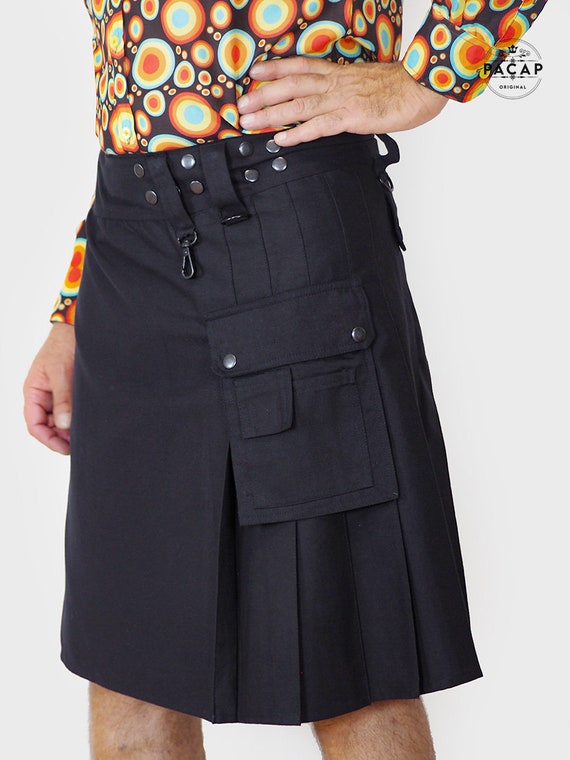 KILT Men s Unicolour Utility Modern Tartan Hybrid Black Orange Green Red Blue Pleated One Size FIT Large Pockets Cargo Etsy