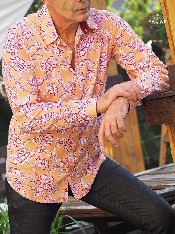 Camisa entallada de viscosa para hombre de color amarillo palido con estampado floral rosa JAROD Manga larga botones de colores solapas de colores cuello abotonado Etsy Espana