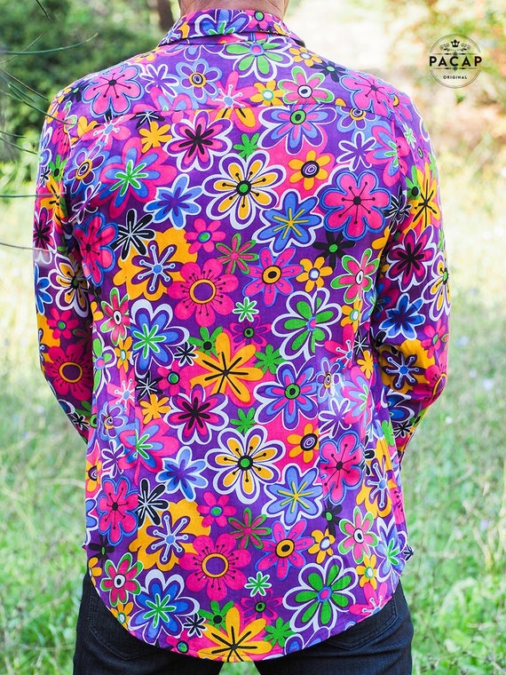 Men s Purple Shirt With Retro Vintage Print With Multicolored