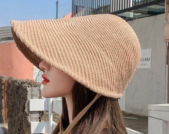 Wide Brim Bucket Hat Women Summer Sun Protection Cap Floppy Fisherman Foldable Hat Safari Outdoor Straw Bucket Hat UPF 50+ Wicker hat