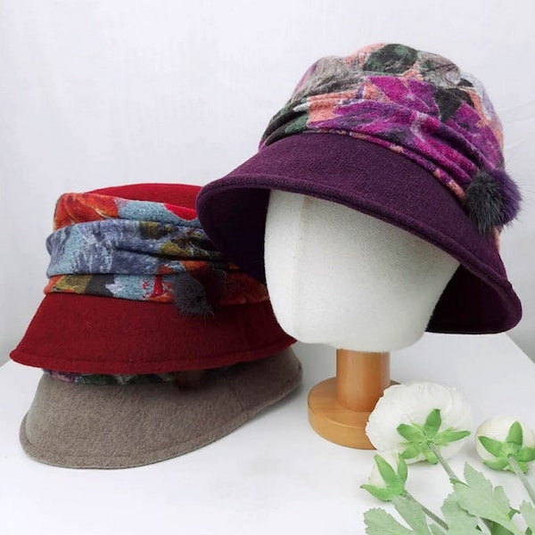 Women's Winter Bungee Bucket Hat Stitched Wool Flower Fall Winter Hat Felt Hat Foldable Gift for Her Warm Fashion Floral Pleated Printed
