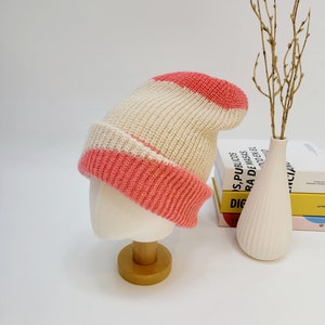 Soft Slouchy Wool Beanie, Color Block Wool Beanie PINK