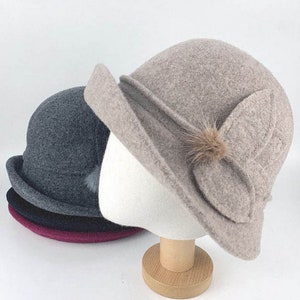 Women's Winter Bungee Bucket Hat Stitched Wool Flower Fall Autumn Winter Hat Felt Hat Foldable Gift for Her Warm Fashion