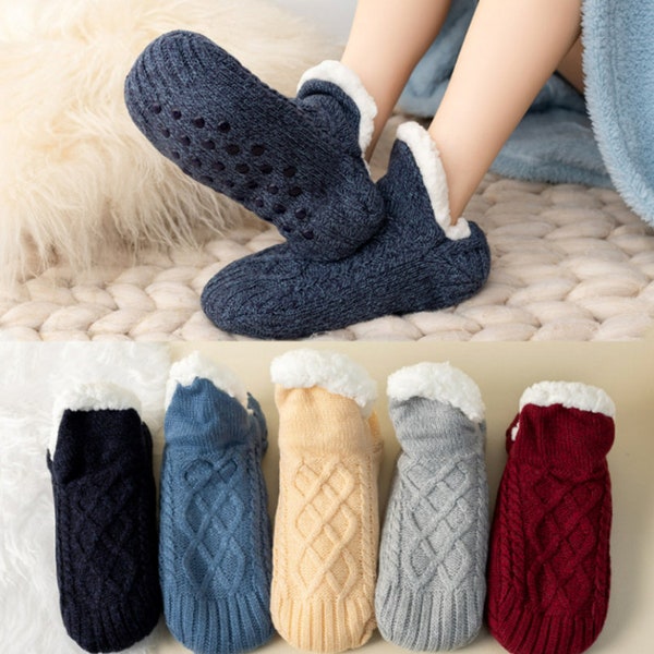 Knitted Sherpa Winter Socks, Christmas Socks, Silicone Grip Dots at Sole, Slipper Socks