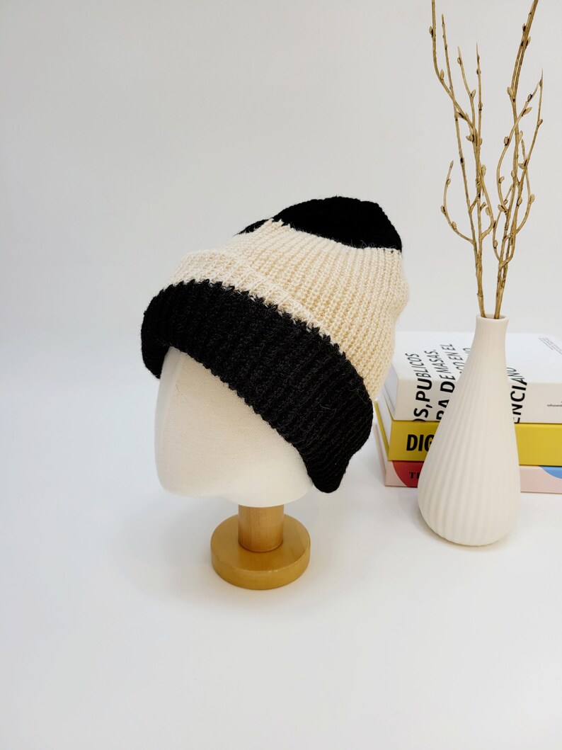 Soft Slouchy Wool Beanie, Color Block Wool Beanie BLACK