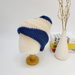 Soft Slouchy Wool Beanie, Color Block Wool Beanie BLUE