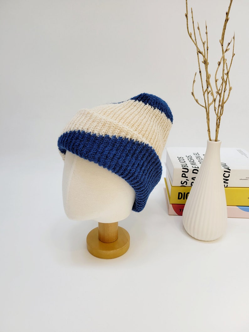 Soft Slouchy Wool Beanie, Color Block Wool Beanie BLUE