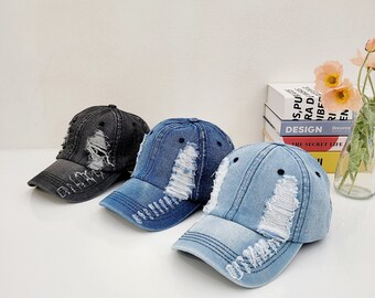 Distressed Denim Baseball Cap, Ripped Jeans Denim hat, Distressed Jean Trucker Cap, Distressed Jean cap, Gift for her, Gift for him