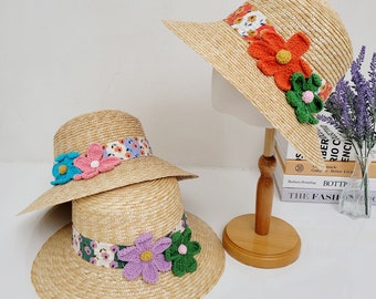 Natural Paper Straw Summer Hat with Flower Patch, Colorful Summer Beach Hat, Wide Brim Sun Hat, Gift for her