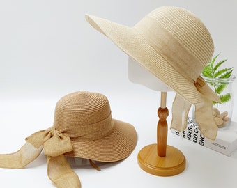 Chapeau de paille Panama, chapeau de plage souple, chapeau de plage souple avec ruban, réglable, cadeau pour elle