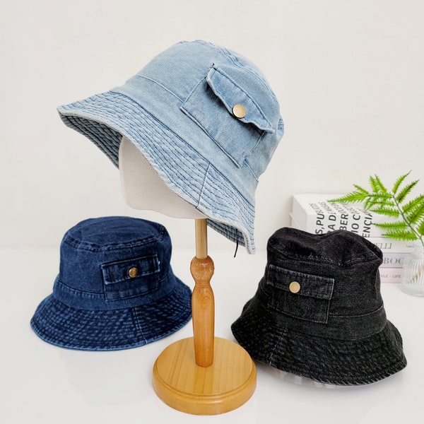 Vintage 100% Washed Cotton Canvas Denim Bucket Hat, Casual Outdoor Fishing Hiking Safari Bucket  Hat, Denim Hat