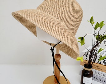 100% Natural Raffia Beach Hat, removable chin strap, Super Breathable Summer Raffia Hat with large brim, Gift for her