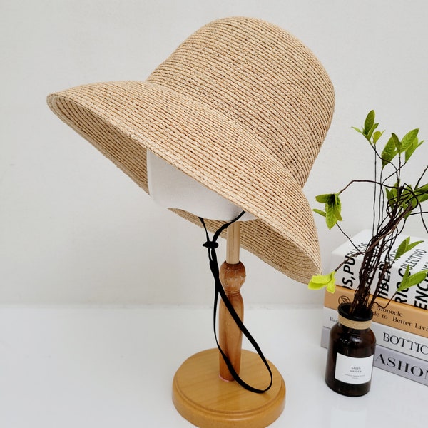 100% Natural Raffia Beach Hat, removable chin strap, Super Breathable Summer Raffia Hat with large brim, Gift for her