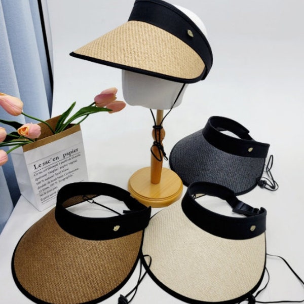 Cotton Linen Straw Visor, Straw Hat Wide Brim For Women, Sun Hat Women for Wide Brim, Adjustable Sun Hat