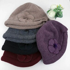 Women's Winter Bungee Beanie Bandana Bucket Hat Stitched Wool Flower Fall Winter Hat Felt Hat Foldable Gift for Her Warm Fashion