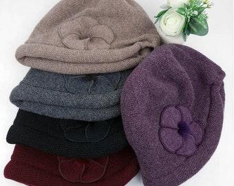 Women's Winter Bungee Beanie Bandana Bucket Hat Stitched Wool Flower Fall Winter Hat Felt Hat Foldable Gift for Her Warm Fashion