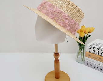 Natural Straw Summer Hat with Lace, Elegant Summer Beach Hat, Summer Wide Brim Fedora, Sun Hat, Gift for her