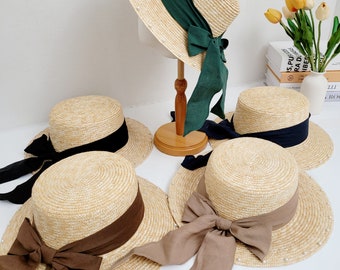 Elegant 100% Natural Straw Beach Hat with Ribbon, Summer Wide Brim Fedora, Sun Hat, Gift for her