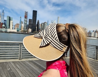 Wide Brim Sun Hat, Sun Hat for Ponytail, Adjustable Straw Sun Visor, Gift for her