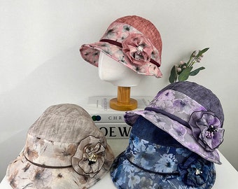 Women's Spring Summer Hat, Cotton Linen bucket hat, Flower Hat, Flower Print Hat, Women's bucket hat,  Gift for her