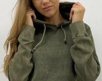 OLIVE Vintage Wash Hooded Sweatshirt, Hoodies for Women, Military GREEN BLANK Hoodie, Mens Hoodie, Acid Wash Sweatshirt, Mineral Wash Hoodie