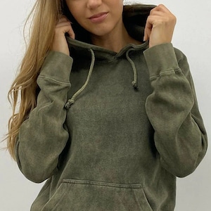 OLIVE Vintage Wash Hooded Sweatshirt, Hoodies for Women, Military GREEN BLANK Hoodie, Mens Hoodie, Acid Wash Sweatshirt, Mineral Wash Hoodie