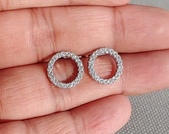 Diamond Circle Studs, Halo Open Circle Studs, CZ Diamond Circle Earrings in Sterling Silver, Pave Circle Post Studs, Minimalist Earrings