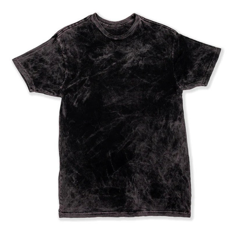 May include: A black acid wash t-shirt with a crew neck and short sleeves.