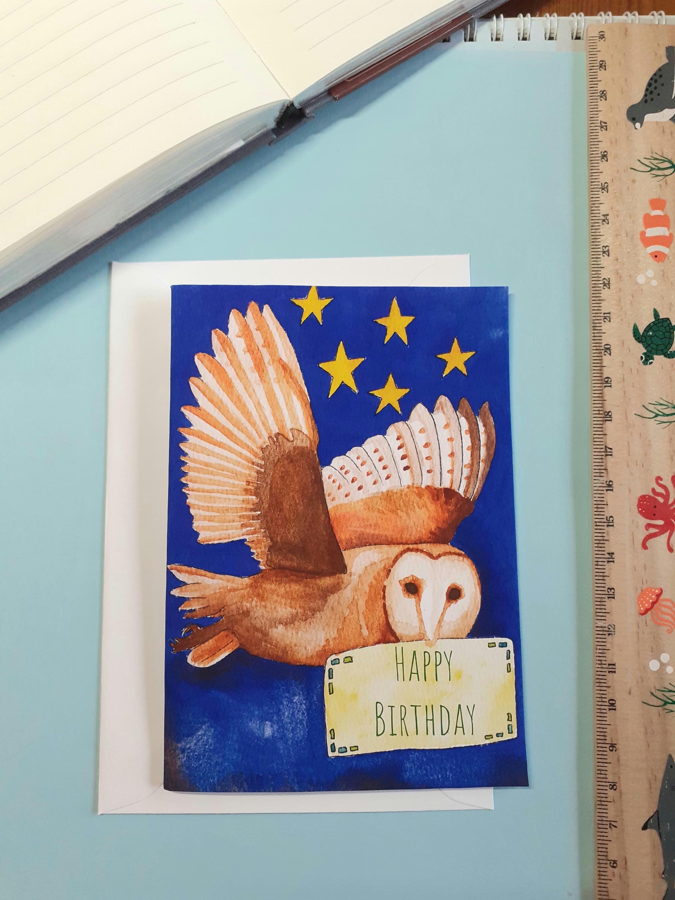 Barn owl watercolour art print blank birthday card A6