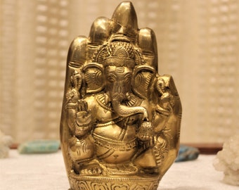 Ganesha Brass statue | Ganesha Engraved on hand Figure | Sitting ganesh figurine | Brass home decor | Bronze collectible