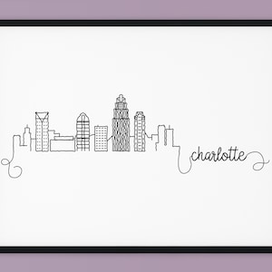 Charlotte Skyline Print, decoración de pared imprimible de Carolina del Norte, charlotte Pen Line Print, Silhouette Landmark Poster, INSTANT DESCARGAR