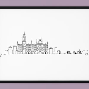 Könnte beinhalten: Eine Schwarzweiß-Linienzeichnung der Skyline von München mit dem Neuen Rathaus und dem Text "munich" in Kursivschrift.