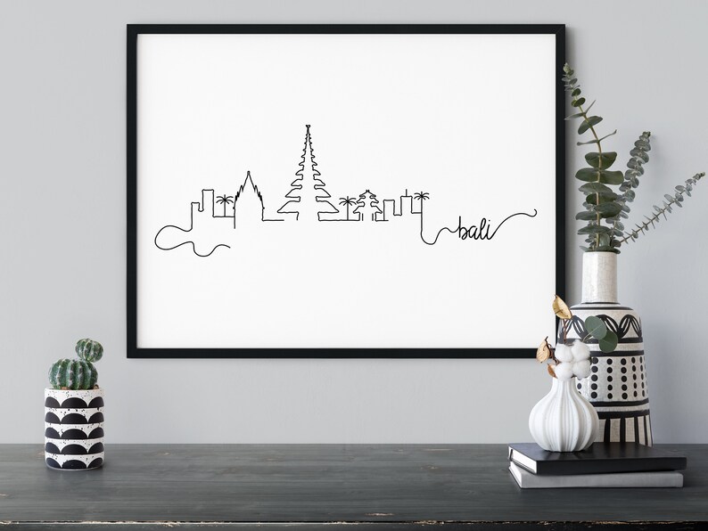 Bali Pen Line Print Silhouette Landmark Poster Minimalist Wall Art Indonesia Printable Wall Decor INSTANT DOWNLOAD Bali Skyline Print