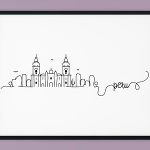 Può includere: Un disegno in bianco e nero della skyline di Lima con la parola "Perù" scritta in corsivo.