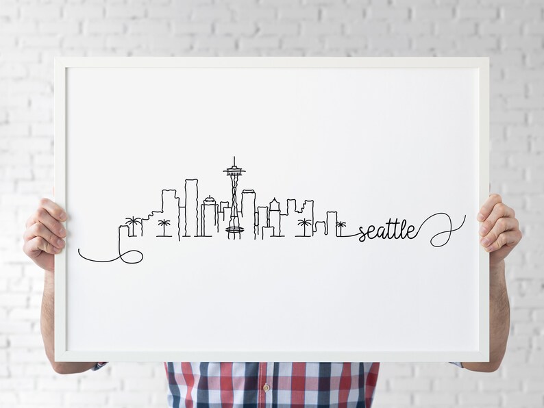 INSTANT DOWNLOAD Silhouette Landmark Poster Washington Printable Decor Seattle Pen Line Print Seattle Skyline Print Minimalist Wall Art