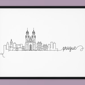 May include: A black and white line drawing of the Prague skyline, including the iconic Church of Our Lady Before Týn and the Charles Bridge. The word "prague" is written in cursive below the skyline.