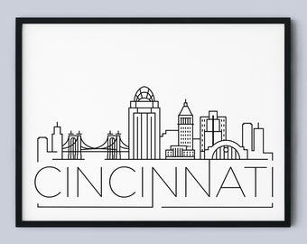 Impresión artística del horizonte de Cincinnati: Paisaje urbano en blanco y negro (descarga instantánea)