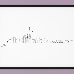 May include: A black and white line drawing of the Vienna skyline, including the Stephansdom cathedral. The text "vienna" is written in cursive below the skyline.