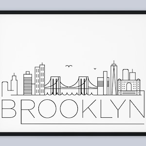 May include: Black and white line art illustration of the Brooklyn skyline, featuring the Brooklyn Bridge, skyscrapers, and the text "BROOKLYN".